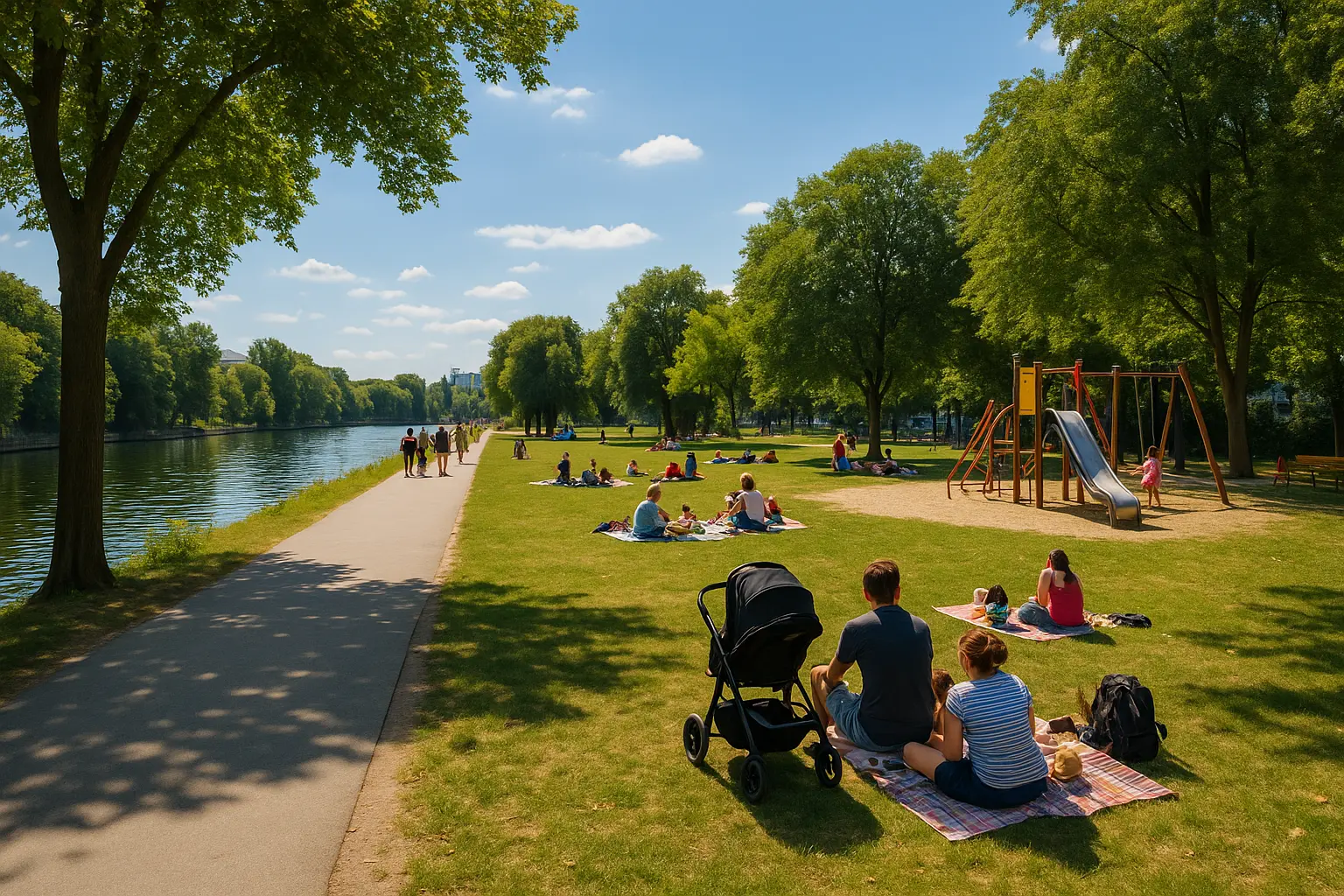 Sonniger Uferweg mit Spielplatz